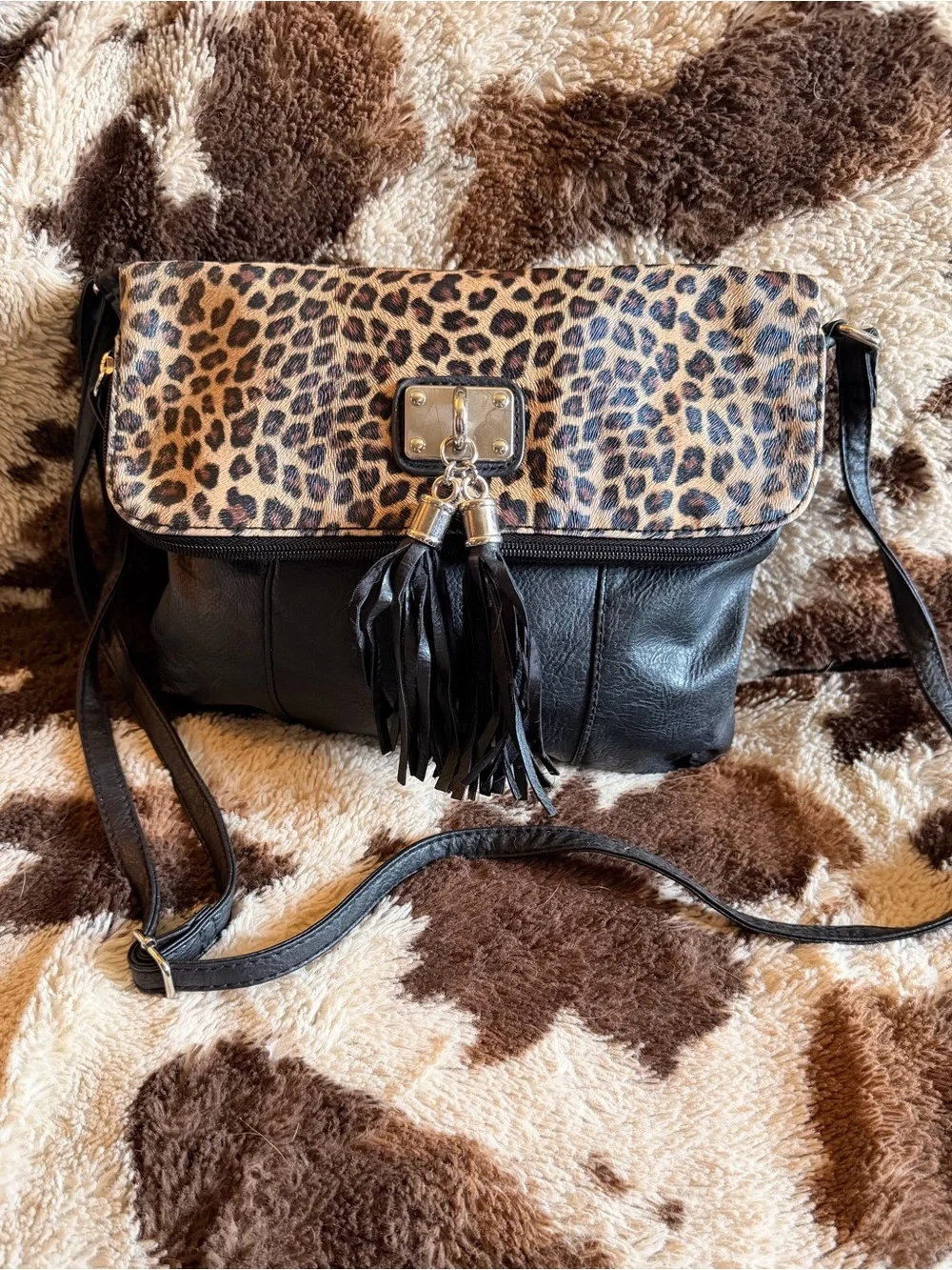 Leopard Print Foldover Crossbody Bag with Black Tassels